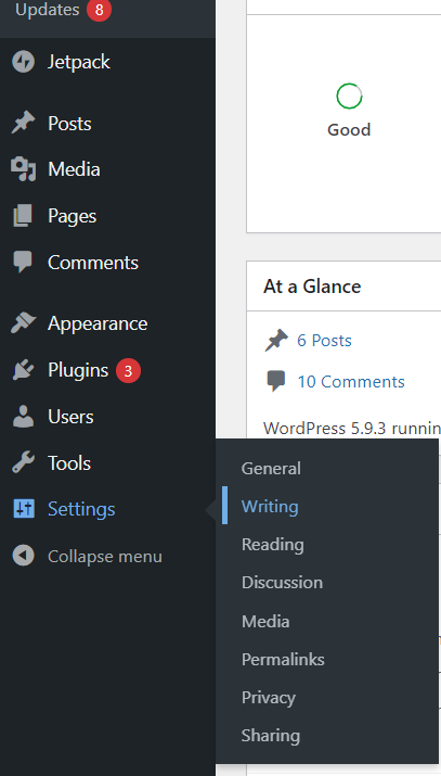 wordpress writing settings location in the dashboard