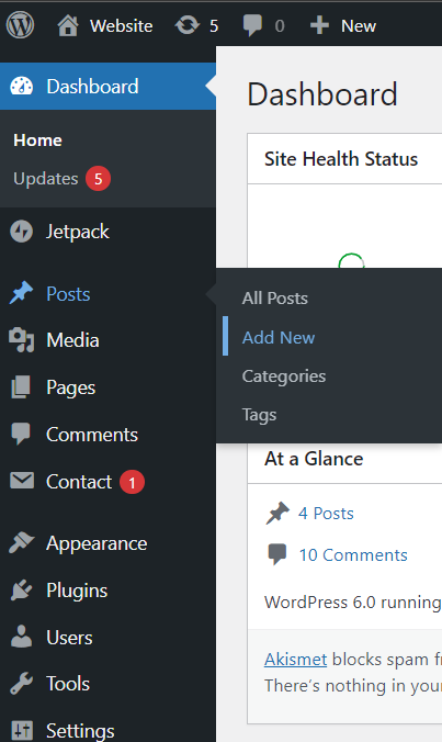add new post option in wordpress dashboard