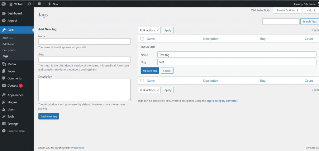 how to locate quick edit tab in wordpress tag section