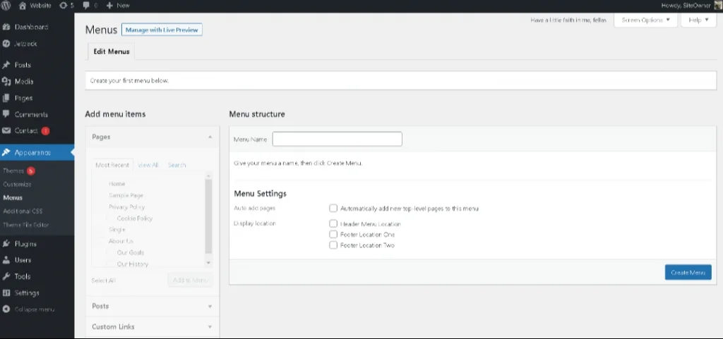 overview of menus screen in wordpress