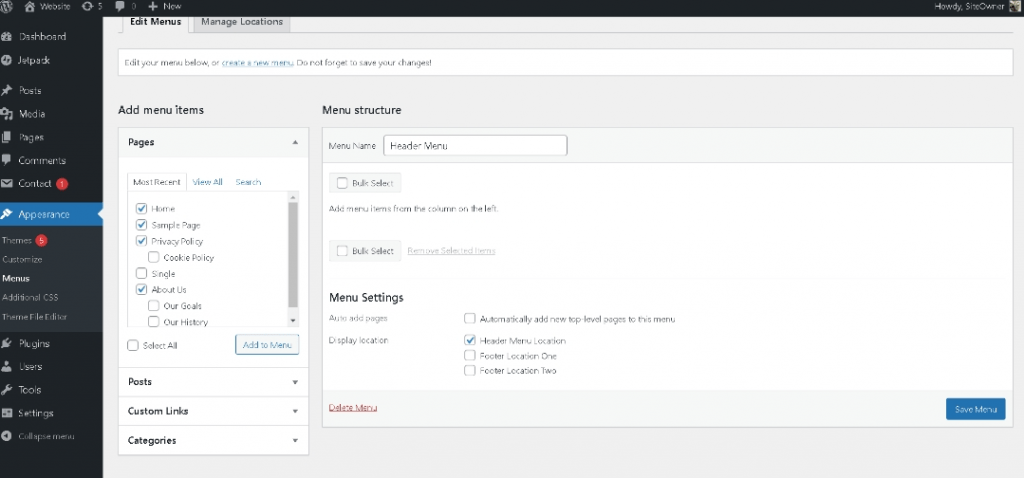 select pages, posts or custom links that you want to add to your custom wordpress menu