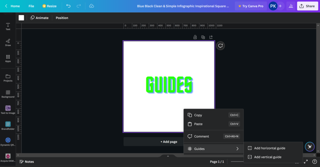 alternavite way to open guides in canva