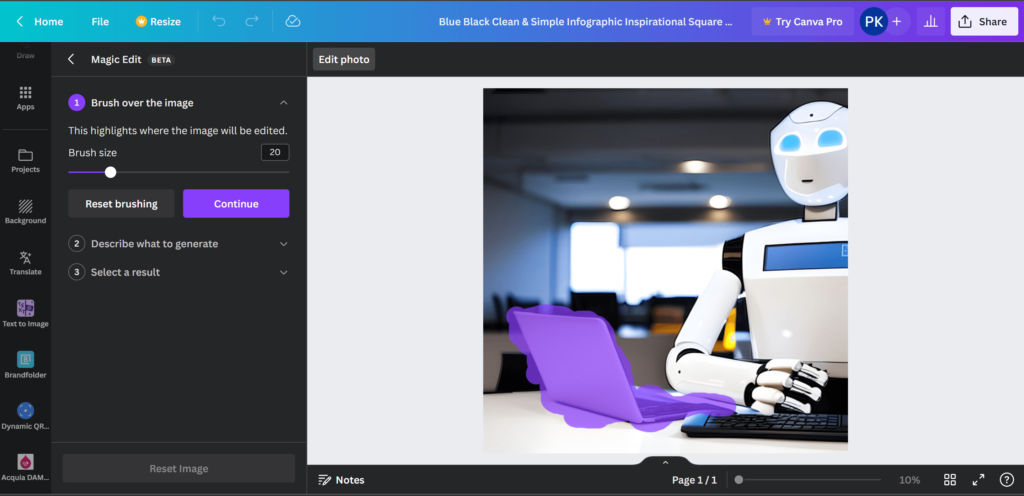 brush over an object or area in magic edit in canva 2023