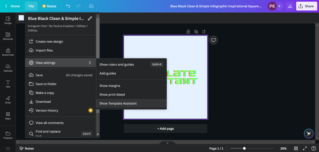 template assistant option in canva menu 2023
